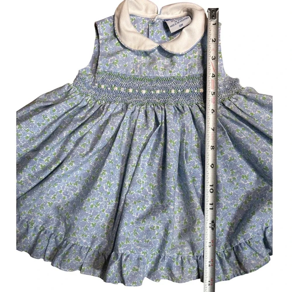 VTG Carriage Boutiques Baby Girls Blue Floral Smocked Dress‎ Bloomers Hat Set 9M